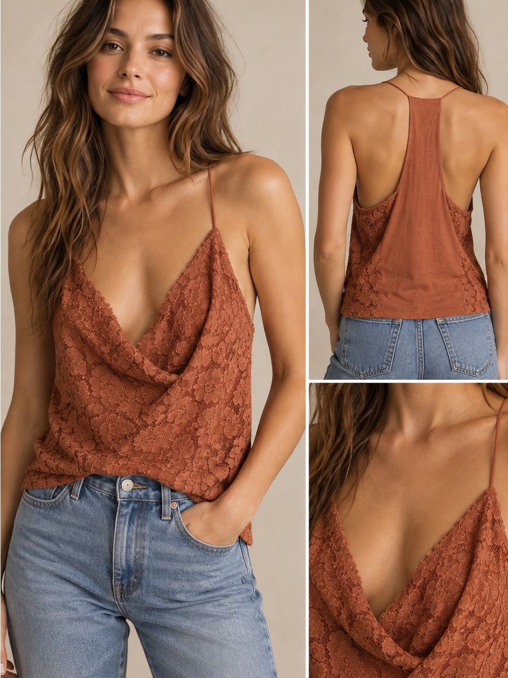 Anthropologie Eri + Ali Rust Lace Racerback Camisole Tank Top L